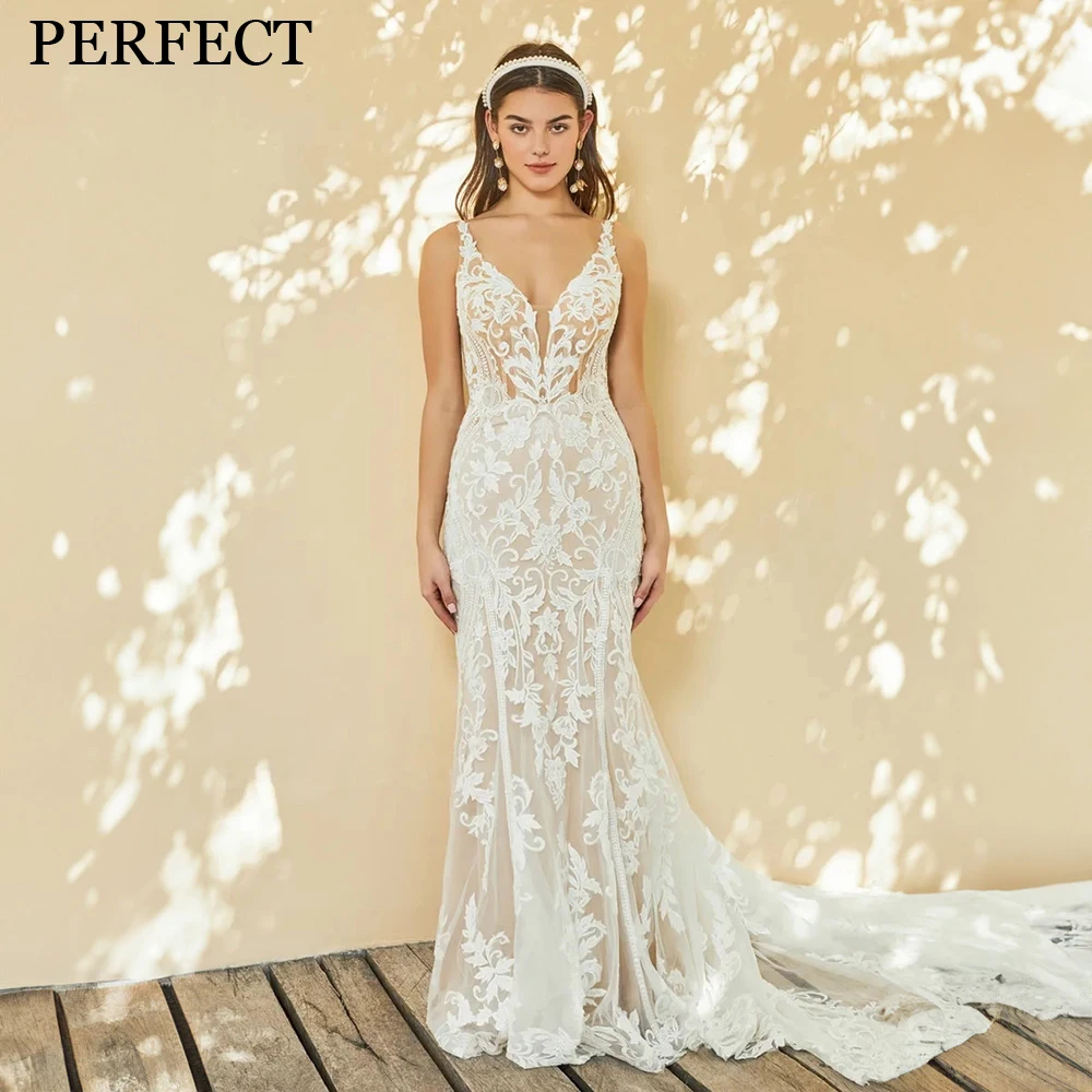 

PERFECT Mermaid V-Neck Elegant Wedding Dress Appliques Tulle Sleeveless Gorgeous Bridal Gowns Court Train Vestidos De Novia