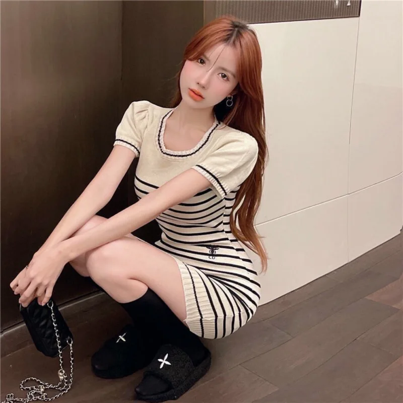 Puff Sleeve Knitted Dress Female Hot Girl Hip Skirt 2023 Summer New Embroidered Striped Wholesale