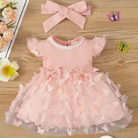 0-3-year-old newborn baby girl summer pink sleeveless lace round neck lace butterfly mesh lovely dress party 1