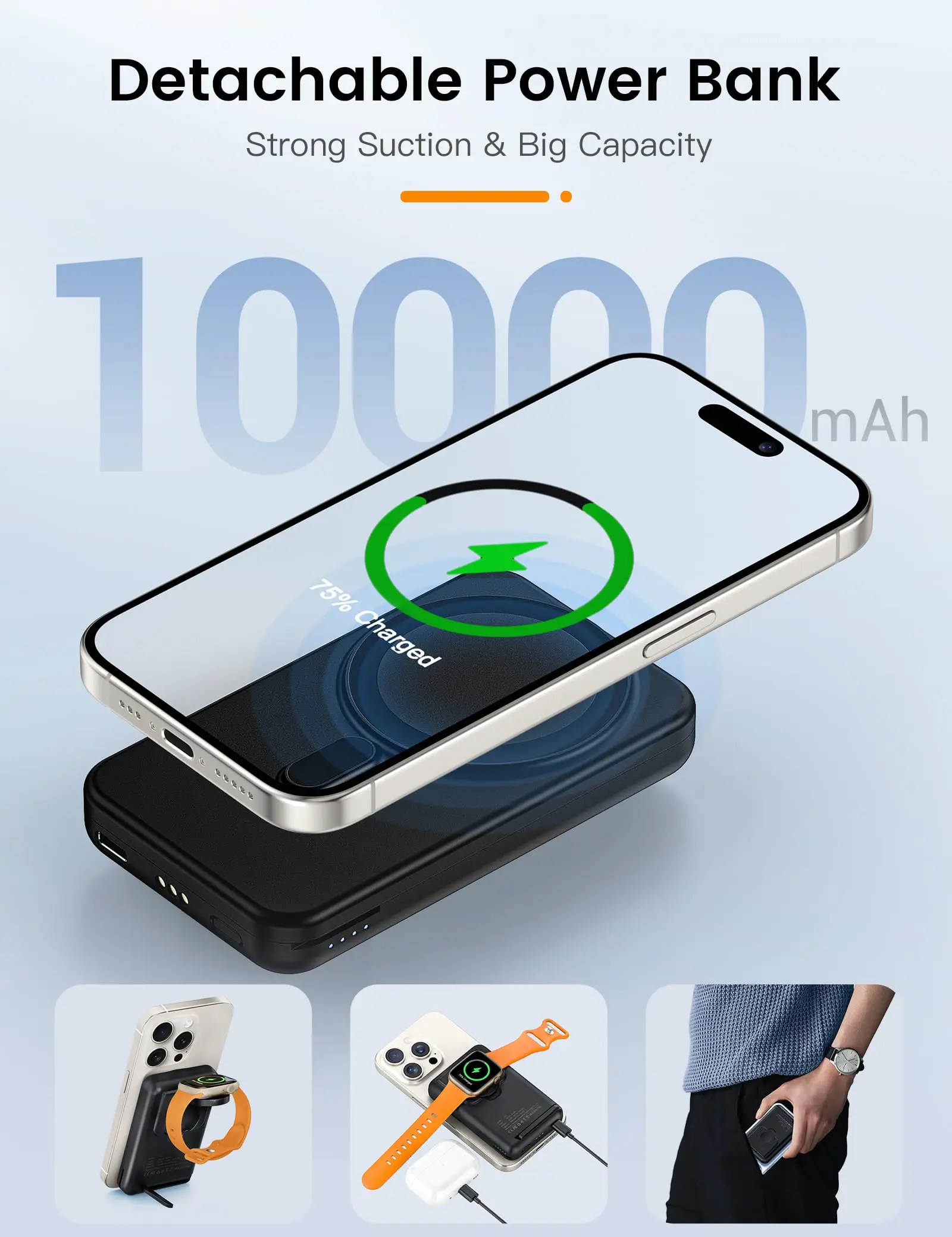 10000mAh 3 in 1 Wireless Charging Station Power Bank Foldable Magnetic Charging Station for Magsafe Stand iPhone 15/14/13 Watch