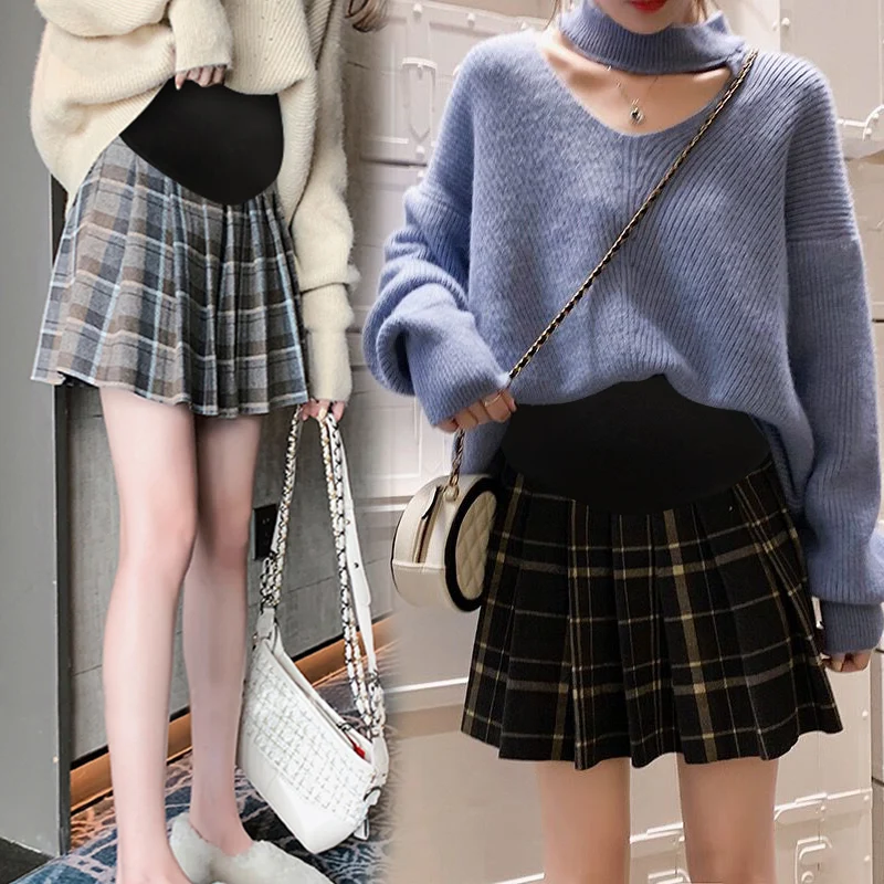 Korean Style Maternity Belly Skirts Preppy Style High Waist Pregnant Woman Pleated Plaid Skirts Pregnancy Empired Mini