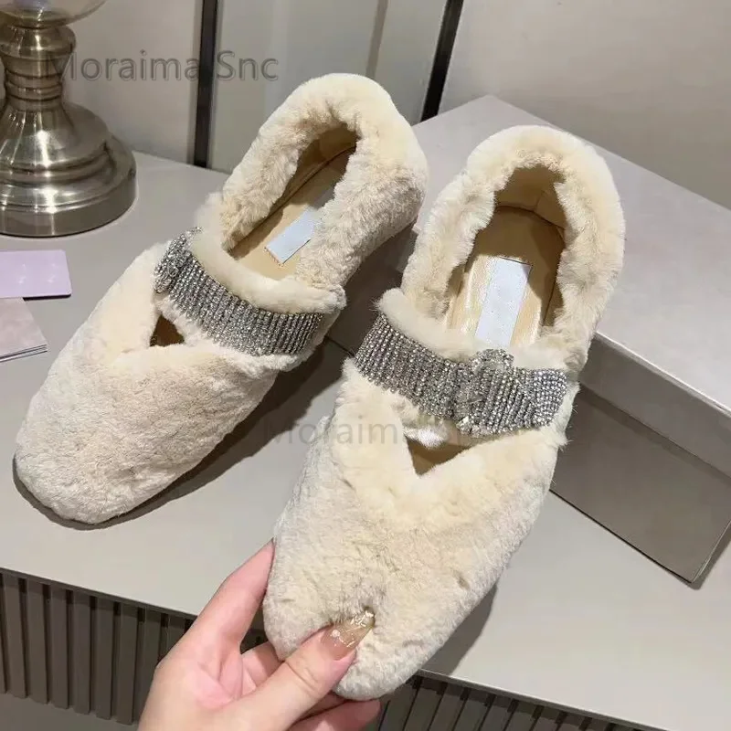 

Sheepskin Fur Shoes for Women Square Toe Flat Ballerina Women's Autumn Winter Rhinestone Chain Single Ladies Shoes Ballet Shoes