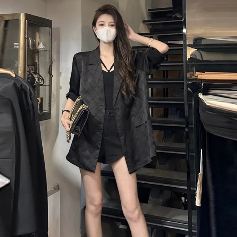 Summer Short Sleeve Blazer Women Jacket Black Suit Y2k Clothes Office Ladies Thin Tops Korean Fashion Coats Chic