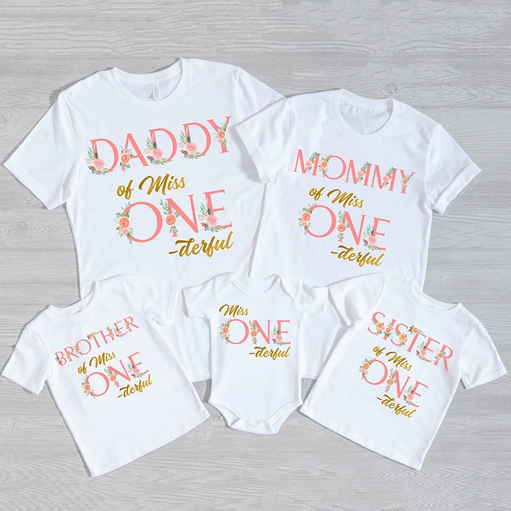 

Miss ONE-derful Birthday Family Shirts Floral 1st Birthday Girl Mom Dad Brother Sister Matching Tops Tee Birthday Party Outfits
