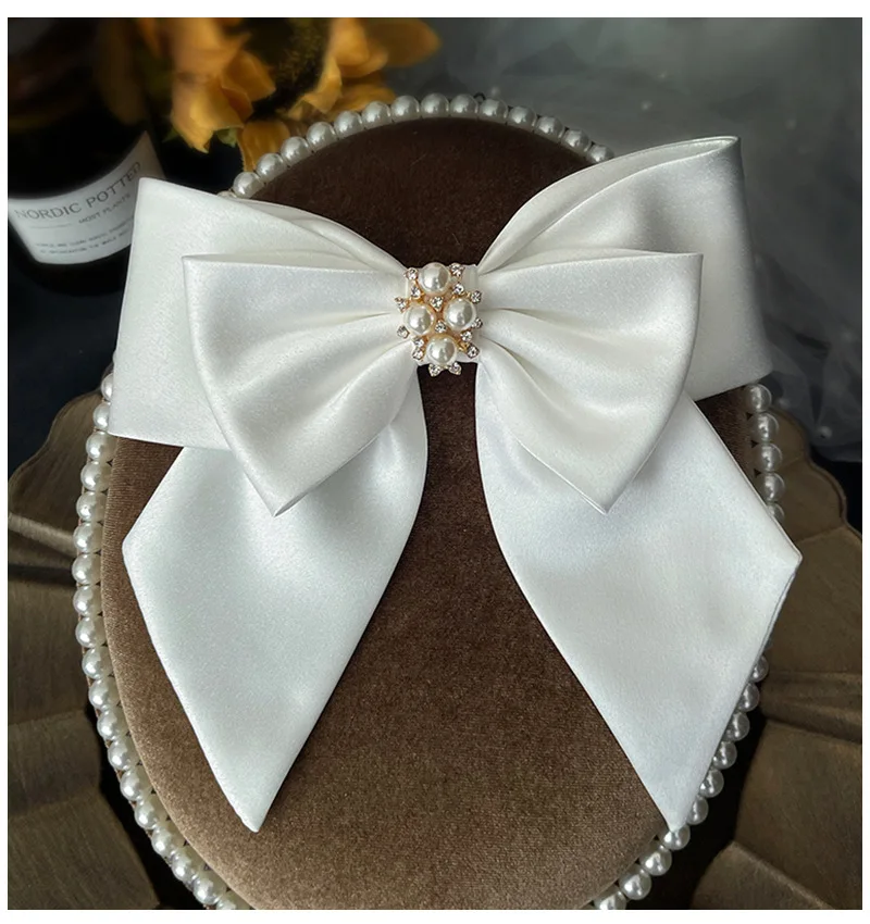Bridal White Satin Bow Barrettes Wedding  Side Clip  Headdress Elegant  hair accessories for women