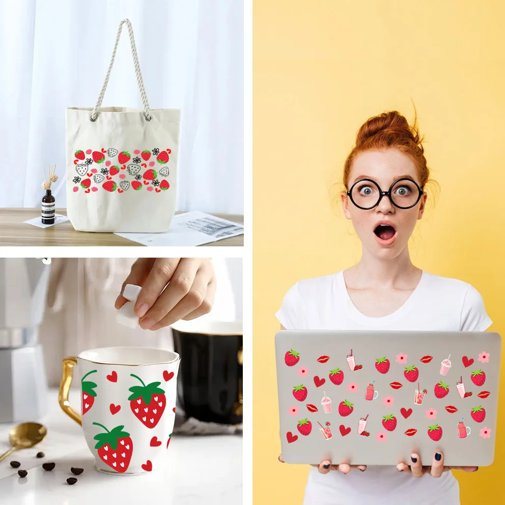 Cute strawberry stickers peel waterproof DIY Decals 3D transfers uvdtf crystal stickers 16oz uv dtf cup wraps Libbey Glasses