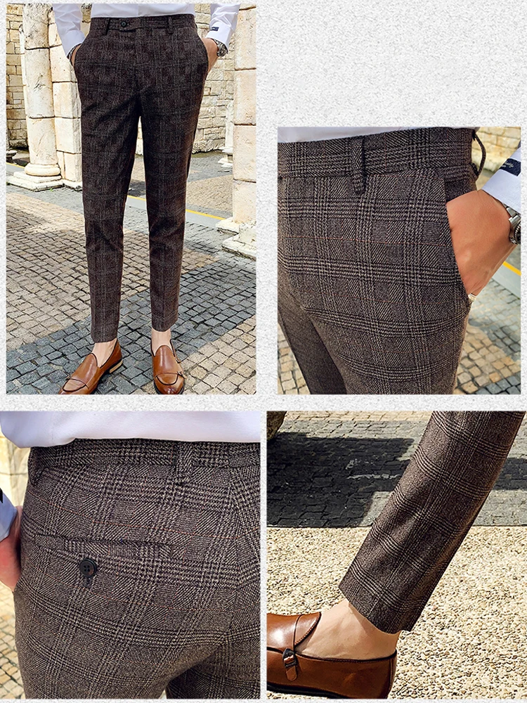Classic Plaid and Striped Fashion Men's Casual Business Slim Suit Pants Groom Wedding Dress Trousers Party business pants,suit pants,men pants