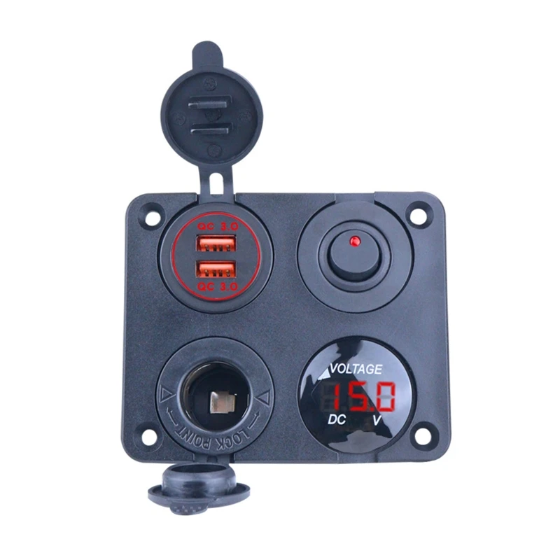 

4 in1 12-24V ON/OFF Charger Socket Panel Dual QC3.0 USB Socket Power Outlet LED Voltmeter Cigarette lighter Socket Toggle Switch