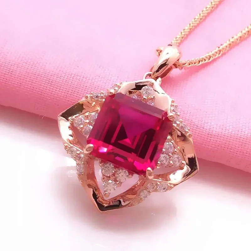 

585 Purple Gold Necklace for Woman Plated 14k Rose Gold Inlaid Rhombus Ruby Pendant Exquisite Wedding Engagement Jewelry Gift