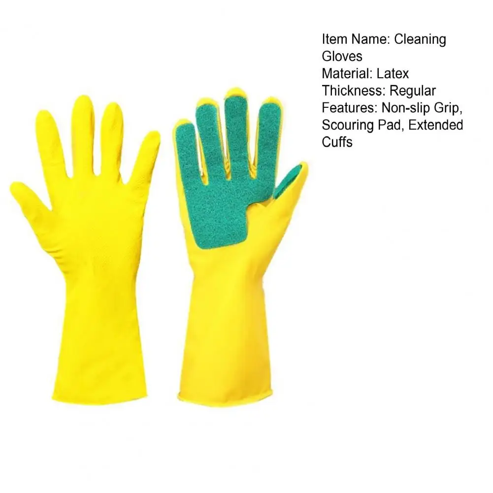 Dishwashing Cleaning Gloves 1 Pair Rubber Latex Material Scouring Pad Non-Slip Long Kitchen Bathroom
