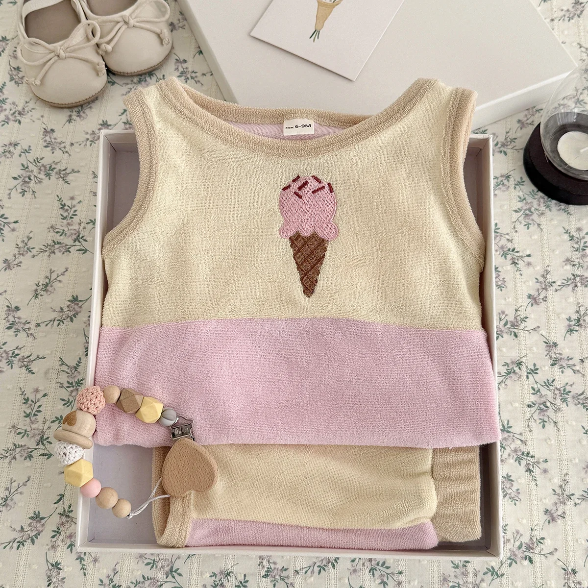 Toddler Baby Summer Outfit Contrast Color Stripe Ice Cream Embroidery Tank Tops and Shorts Set Suitable for Ages 0-3 Years Old 5