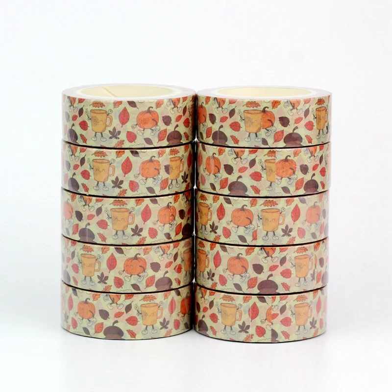 

NEW 10PCS. Deco Pumpkin Smile Cup Brown Leaves Fall Washi Tapes for Gift Wrap Masking Tape Cute Journal Stationery Supply