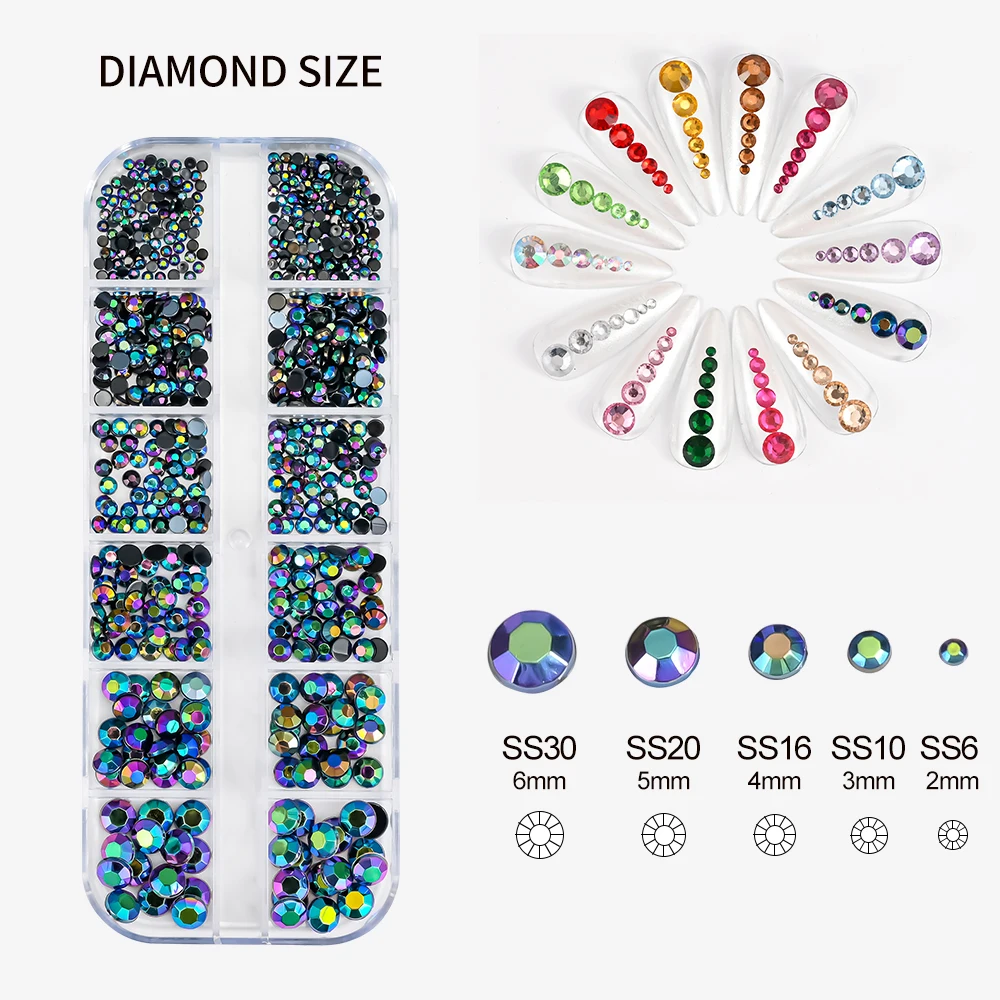 12Grids SS6-SS30 Mixed Nail Rhinestones Shiny Clear/Gold/Pink/Blue Diamond Flat-back Nail Gems Glass Stones Nails Decoration 5