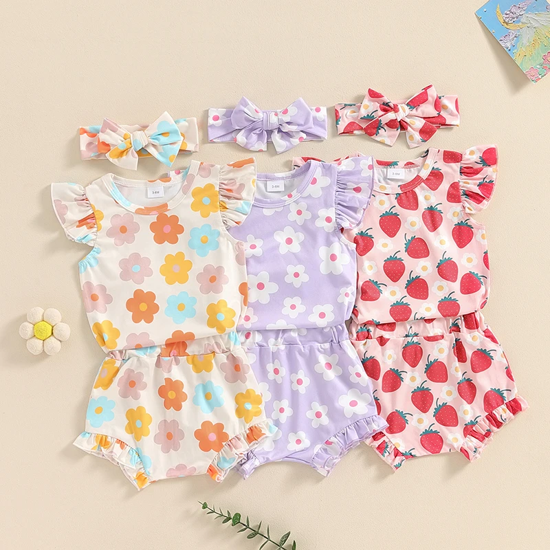 

2024-03-25 Lioraitiin 0-6M Summer Baby Girls Clothes Sets Flying Sleeve Strawberry/Floral Print Romper Shorts Headband Sets