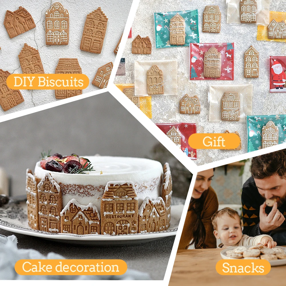 4Pcs Christmas Cookie Cutter 3D Gingerbread House Biscuit Mold for Xmas New Year Party Baking