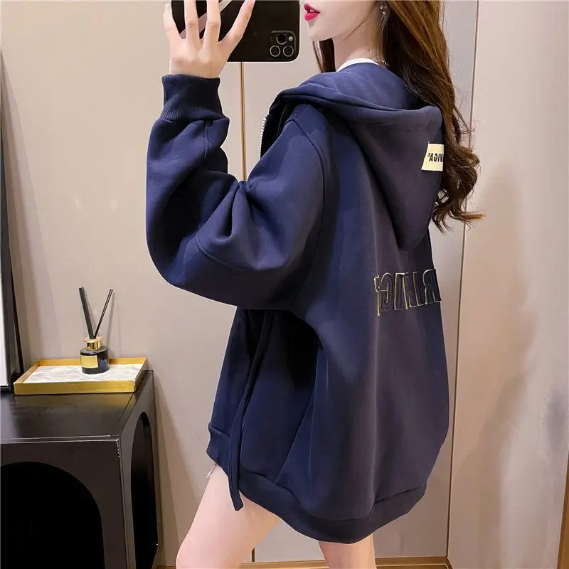 Women's Solid Hooded Collar Cardigan Zipper Letter Spring and Autumn Hoodies Loose Korean New Long Sleeve Pockets All Match Coat