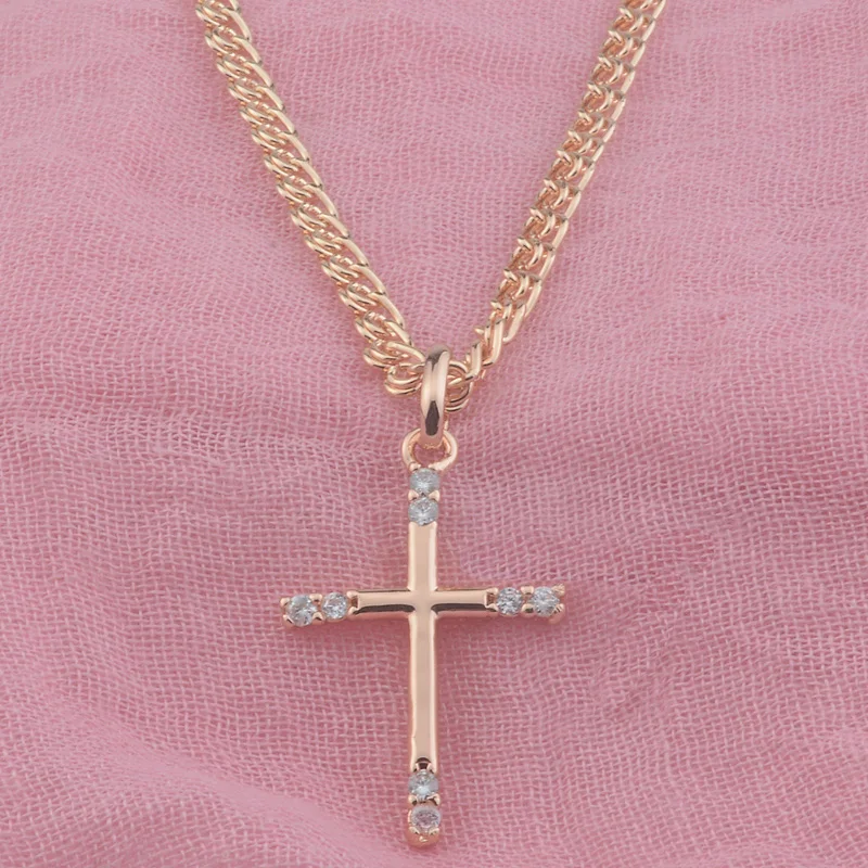 Collier Chaîne Avec Pendentif Croix En Laiton émaillé Et Strass - Couleurs Doré, Rose, Pourpre, Blanc - Longueur 41+5 Cm - Occasion
