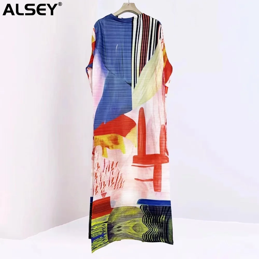 

ALSEY Miyake Pleated Chic and Elegant Evening Dress Fashion High 2024 Fall New Temperament Loose Print Medium Long Dress Spot