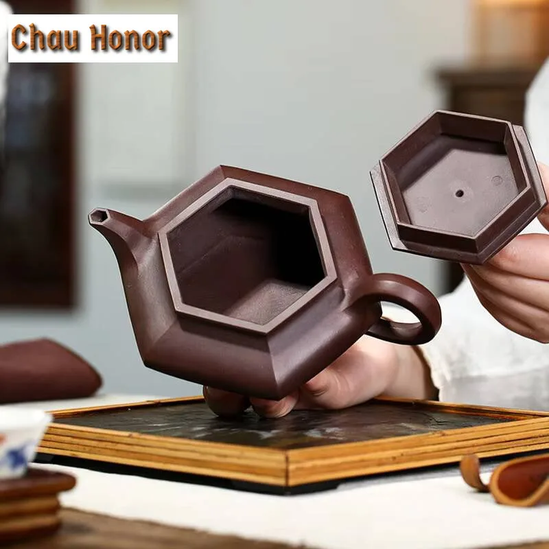 330ml Chinese Yixing Purple Clay Teapot Handmade Hexagonal Water Flat Tea Pot Kettle Boutique Zisha Teaset Customized Collection