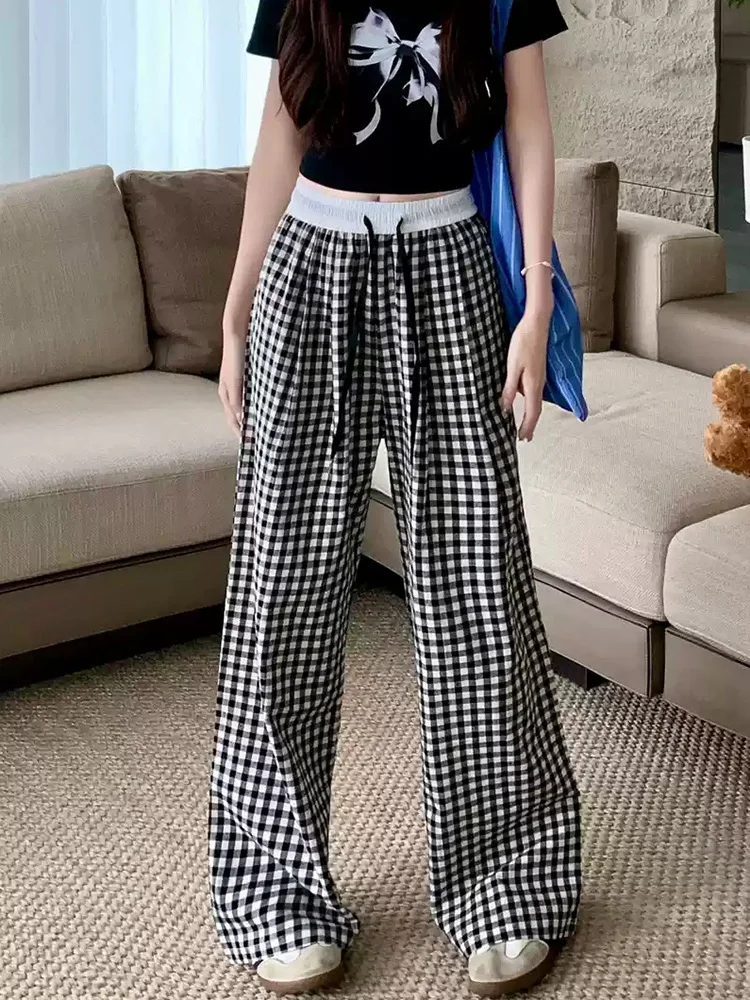 Women Wide leg Plaid Pants Summer Elastic Waist Stright Long Loose Pants Casual Female Soft Pants Basic Long Trousers