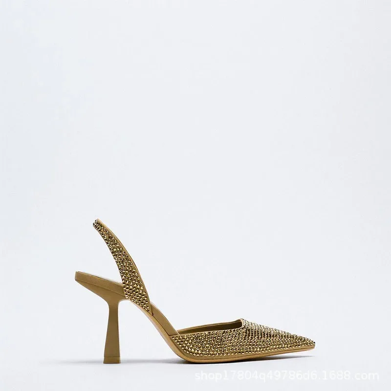 Gold Women Heels Sandals Summer Crystal Pointed Toe Female Stiletto African Party Rhinestone Shallow Slip on Heel Shoes women sandals women high heels