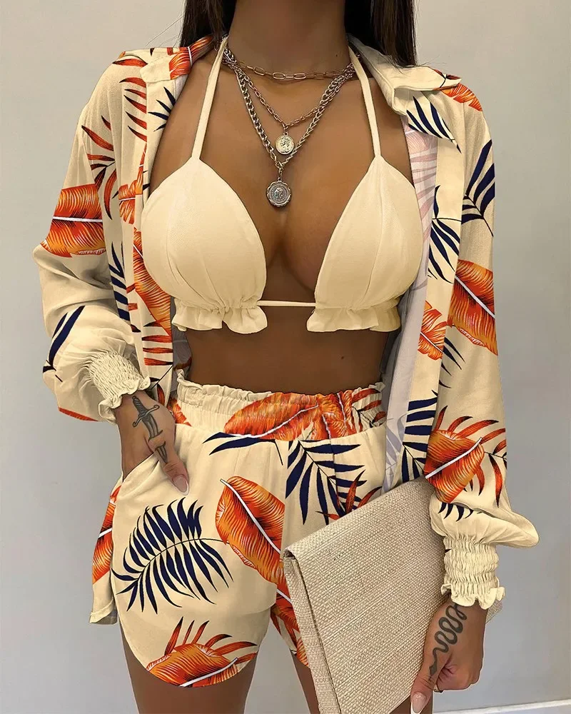 3 Piece Set Outfits Women Sexy Beach Style New Summer Printed Suspender Shirt Shorts Suit Swimsuit Holiday Female Swimwear S-3XL