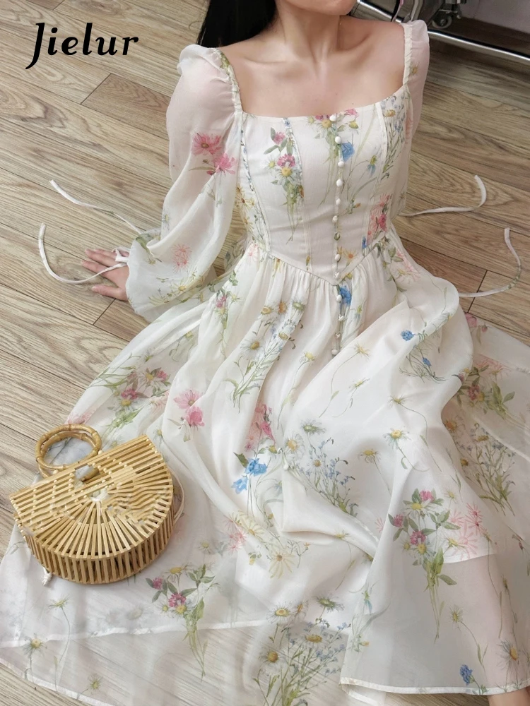 

Jielur Шифоновые платья-миди с цветочным принтом летнее элегантное цельное платье женский модный пляжный Повседневный Сарафан с длинным рукавом
