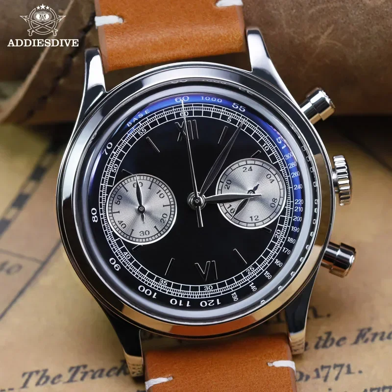ADDIESDIVE Business Men's Quartz Watch Retro Leather Black Dial  Multifunctional Chronograph 60min Watches 100m Diver Wristwatch