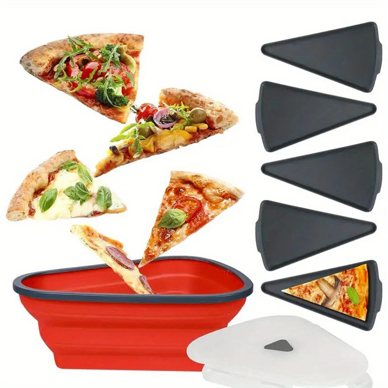 Premium Silicone Pizza Box Triangular Design-Foldable Reusable Food Container for Catering, Include 5 Durable Serving Trays
