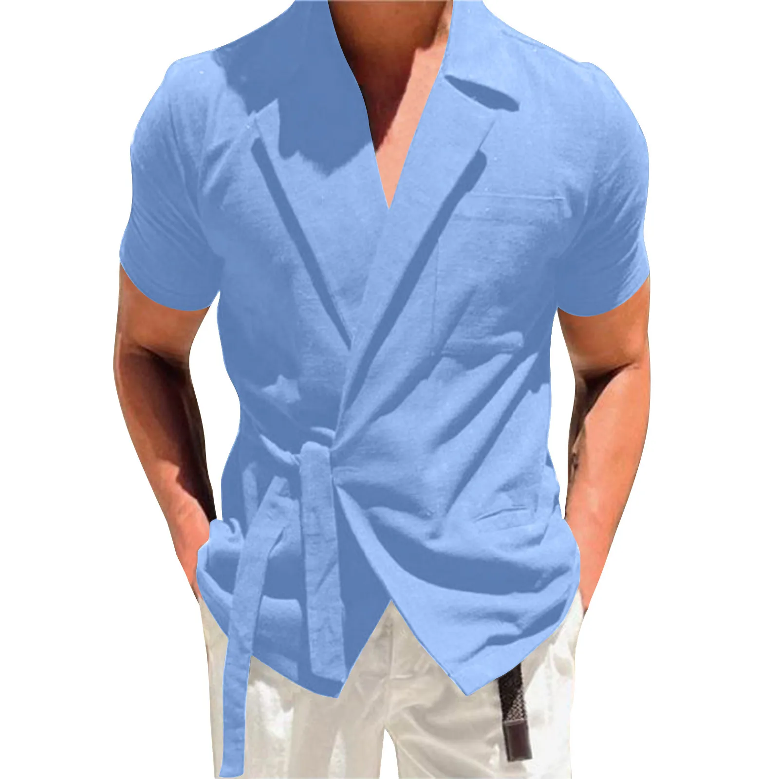 

Men'S Suit Collar Shirts Fashion Trend Solid Cotton Linen Suit Shirts With V Lapel Lace-Up Short Sleeved Business Casual Shirts