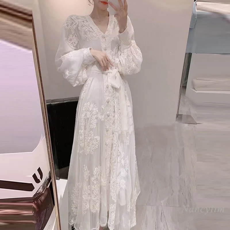Elegant High-Grade Long Lace Dress Woman 2024 Spring and Autumn White Dresses Lady Goddess Temperament Embroidery Dress Vestidos