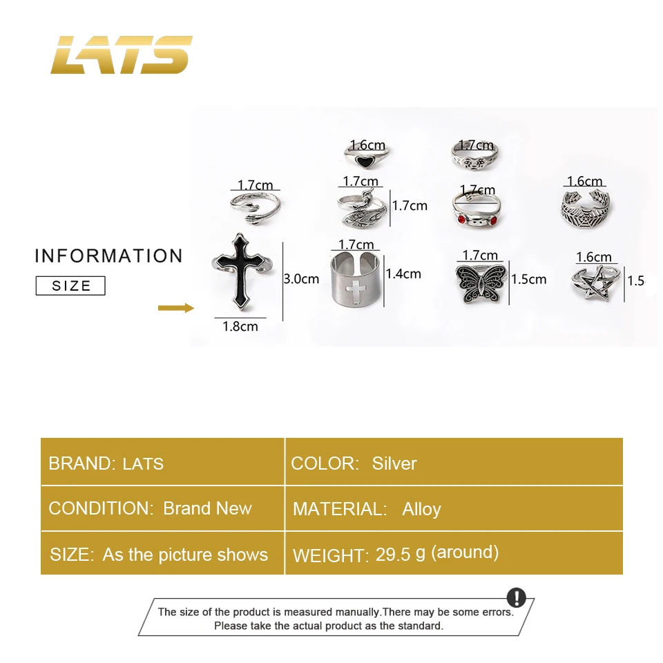 LATS Vintage Silver Plated Cross Ring For Women Gothic Punk Steampunk Crying Face Butterfly Frog Ring Sets Party Fashion Jewelry