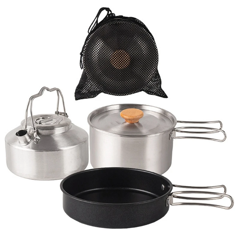 

Stainless Steel Camping Cookware Kits with Folding Lid Camping Non-Stick Pot Pan Kettle Set for Outdoor Cooking Drop Shipping