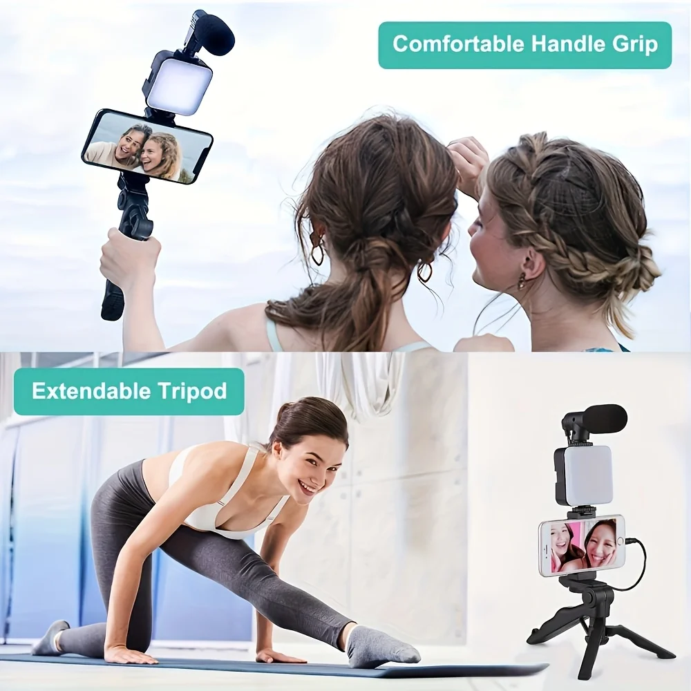 6-in-1 LED Fill Light Desktop Stand Handheld Selfie Tripod Vlog Phone Video Kit Microphone Gimbal Tripod Phone Holder Stabilizer