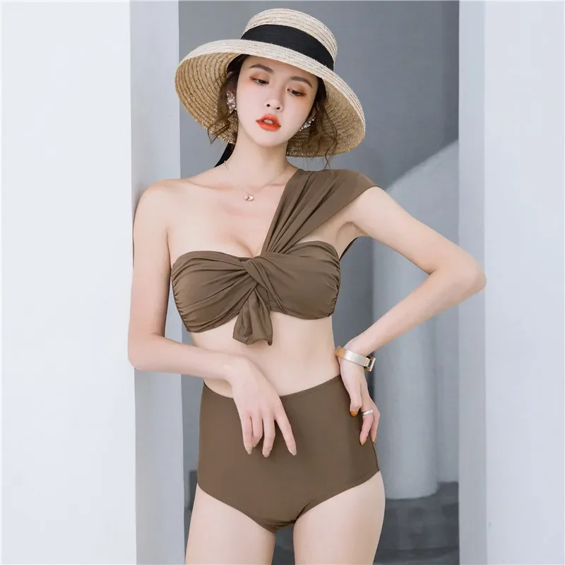 

Ins style Korean swimsuit women sexy sloping shoulder one shoulder thin high waist split swimsuit new bikini