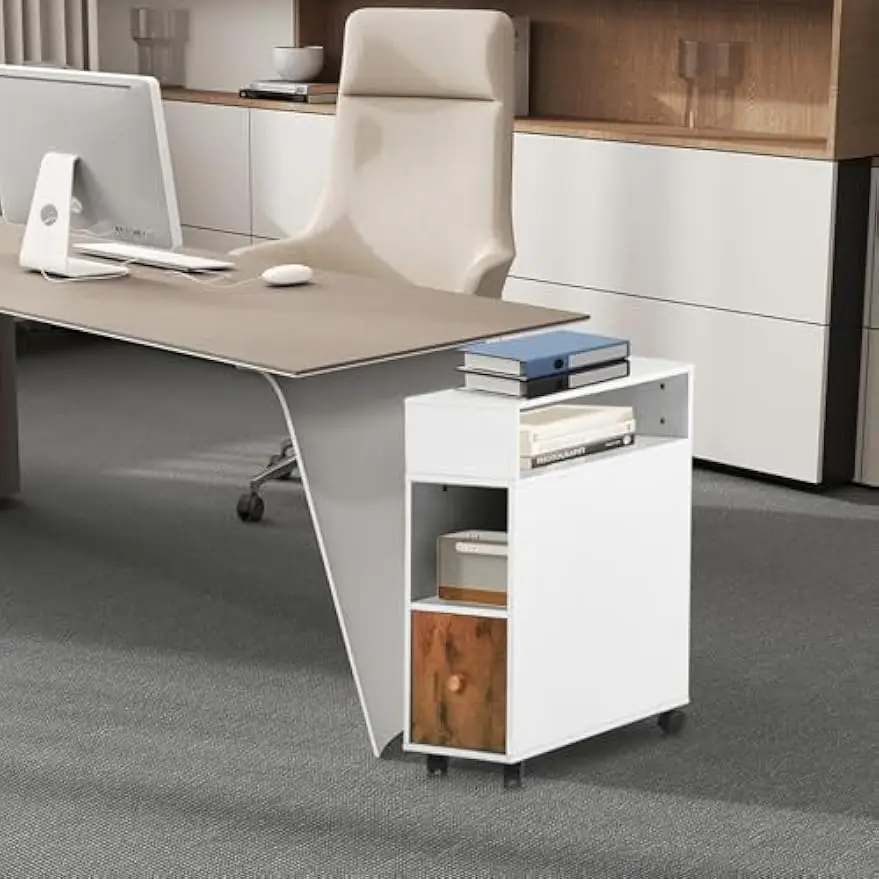 Mobile File Cabinet with Drawer & Dual-Sided Storage Shelves, Rolling Vertical File Organizer for Home Office - White/Brown