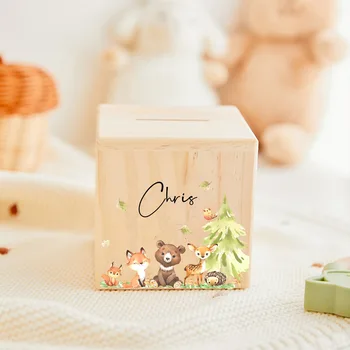 Personalized Wood Money Box Jungle Animal Piggy Child Money Box Baby Gift for Birth Wooden Money Boxes Easter Gifts