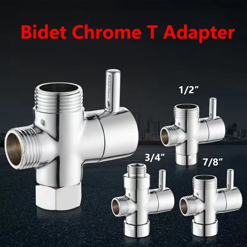 Bidet Chrome T Adapter with Shut-off Valve T Adapter 3-way 7/8" 1/2"3/4" Valve for Handheld Toilet Bidet Spray
