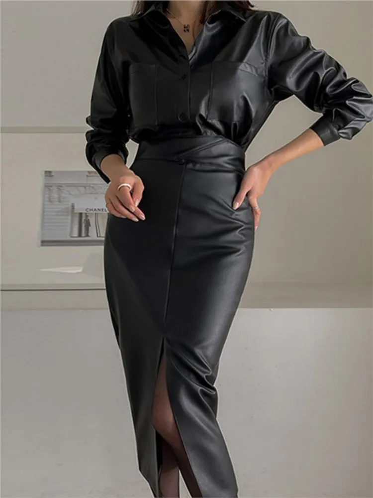 PU Autumn Winter Leather Midi Skirt Women Split Fashion High Waist Bodycon Ladies Skirts Korean Office Black Woman Skirt 2023