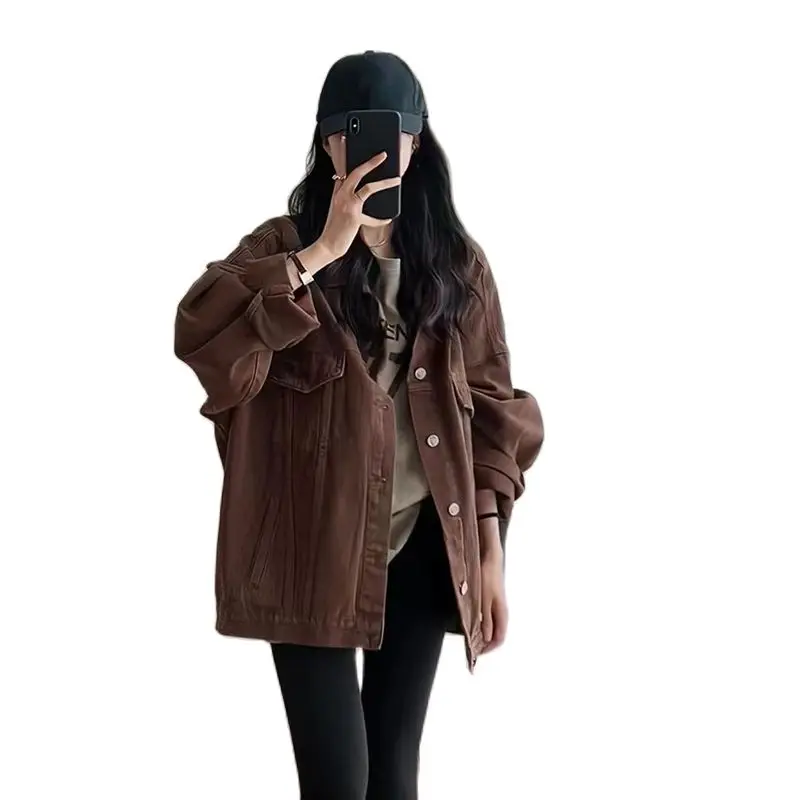 2023 Autumn New Port Style Retro Denim Coat Women Loose Slim Design Sense of Temperament Coffee Color Jacket Solid Color Commute