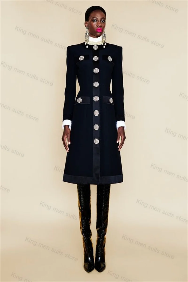Black women suit skirt 1 piece long prom dress with crystals formal office lady wedding tuxedos jacket blazer