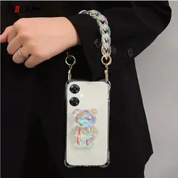3D Laser Bear Holder Clear Cover with Wrist Chain Silicone Case for Nord CE3 5G (Transparent)