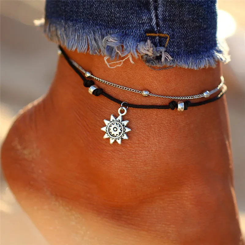 Bohemian Ocean Beach Multi Layered Chain Anklets for Women Fashion Elephant Sun Turtle Shell Ankle Bracelet 2023 Beach Jewelry