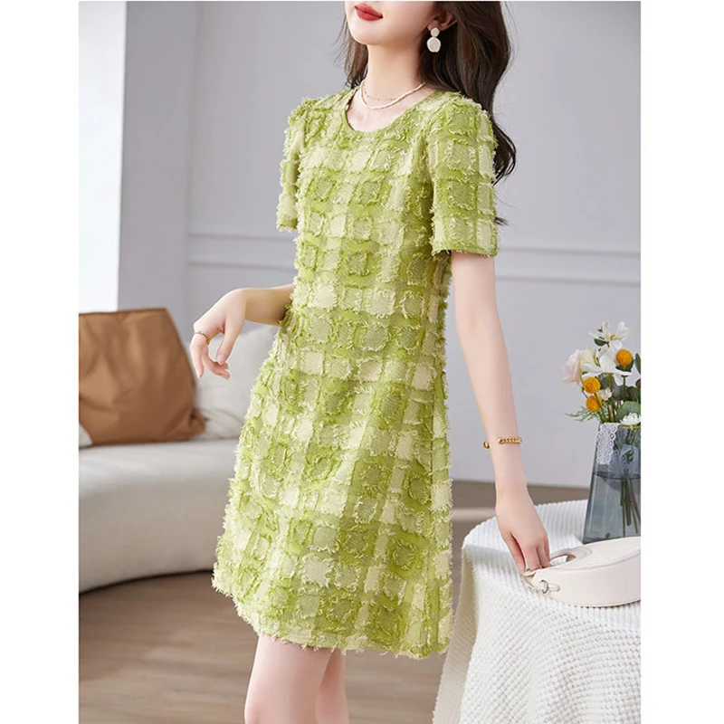 Fashion O-Neck Loose Plaid Short Sleeve Dress Women's Clothing 2024 Summer New Short Sleeve Office Lady Princess Dress