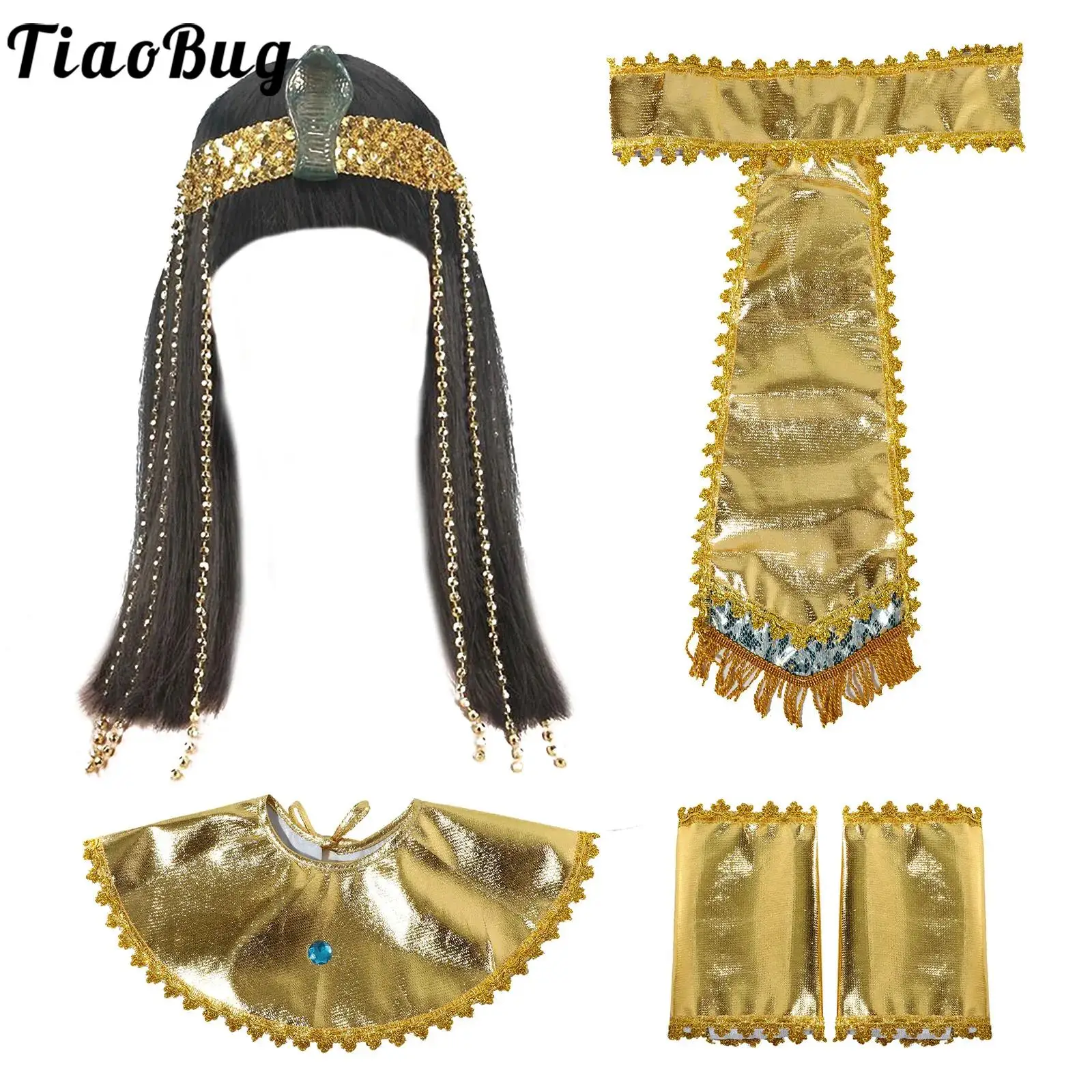 

Egyptian Pharaoh King Queen Cosplay Costume Prop Accessories Halloween Golden Cleopatra Role Play Clothes Hat with Belt and Wig