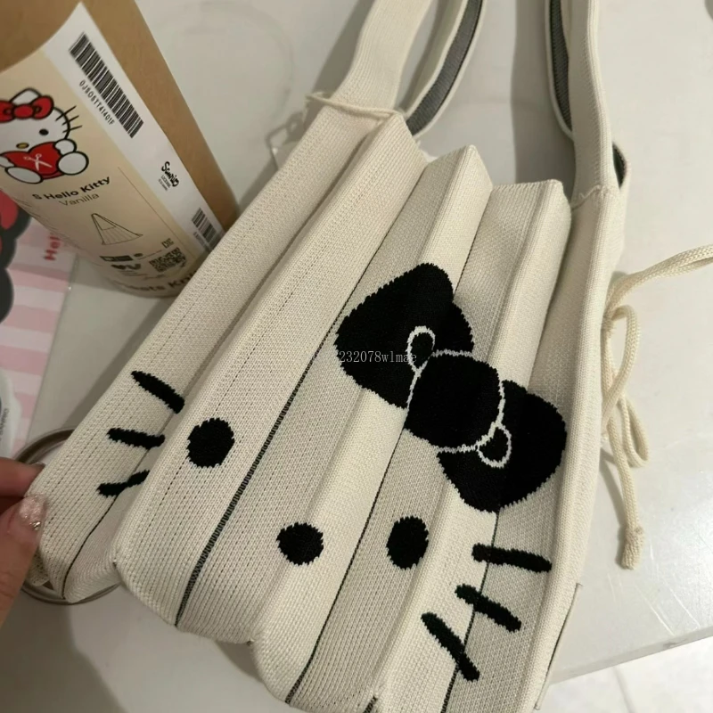 Sanrio Hello Kitty Niche Designer Pleated Shoulder Shopping Bag Summer Foldable Knitted Large Portable Handbags Korean Tote Bag