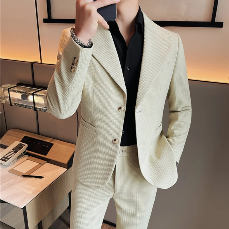 

Autumn Winter 2 Piece Set Men (Jacket+Pants) Casual Business Dress Suits Slim Formal Groom Wedding Office Work Blazer Trousers
