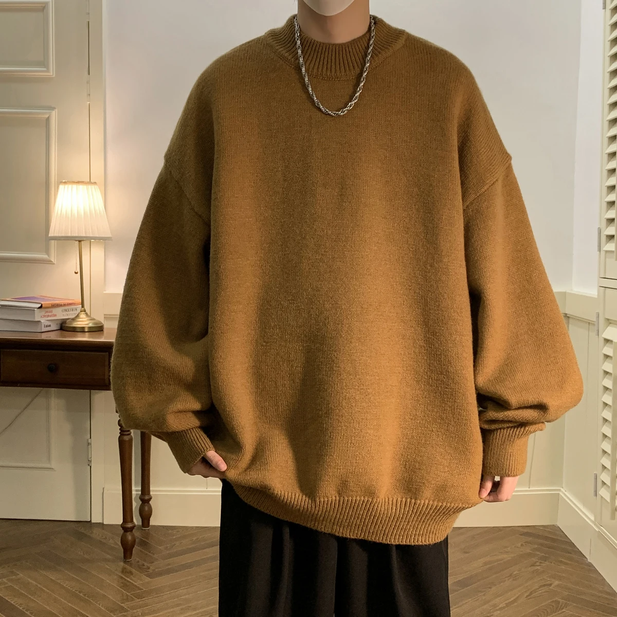 

Mock Neck Pullover Sweatercoat Knit Men's Solid Loose Korean Fashion Harajuku Tops Oversized Sweater Male Fleece Sweatshirts