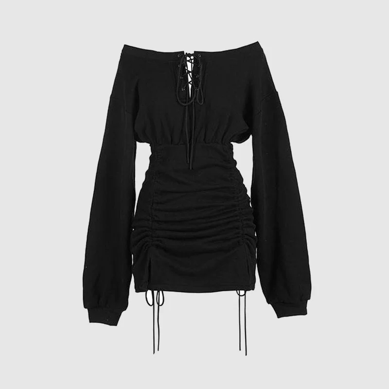 

Goth Retro Women Dress Long Puff Sleeve Solid Color Bow Tie Patchwork Shoulder Off Gothic Style Sexy Lady Mini Dress For Spring