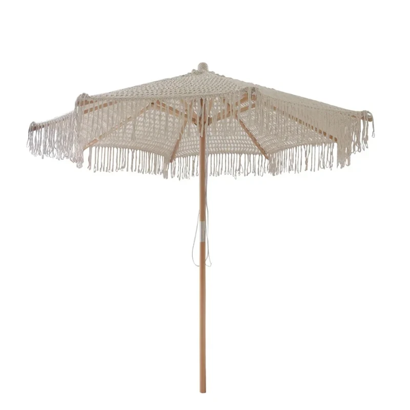 

Bohemia cotton rope macrame parasols 2.5m wooden pole handmade tassels woven canopy beach umbrella with macrame fringe